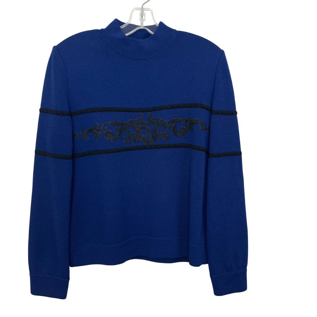 St. John Royal Blue & Black Embroidered Mock Neck Santana Knit Sweater - Medium